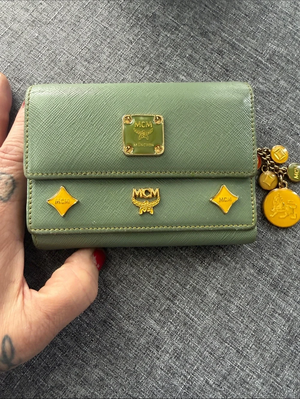 MCM Green Leather Compact Wallet with Gold Accents and Charm - Picture 10 of 10
